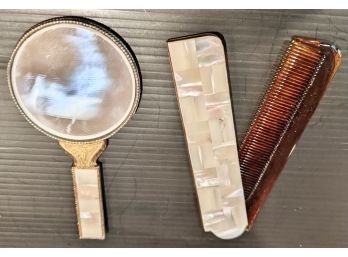 Vintage Flip Comb & Mirror With Stunning Shell Embellishment