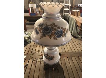 Vintage Pearl Milk Glass Blue Flower Hurricane Table Lamp