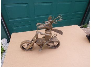 Metal Sculpture Deer On Motorcycle'