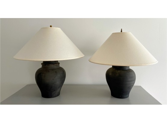 Pair Of Handmade  Pottery Lamps With Restoration Hardware Shades-Look To See Detail