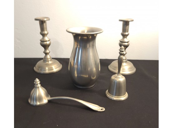 Vintage Pewter Candle Sticks, Vase, Bell And Snuffer