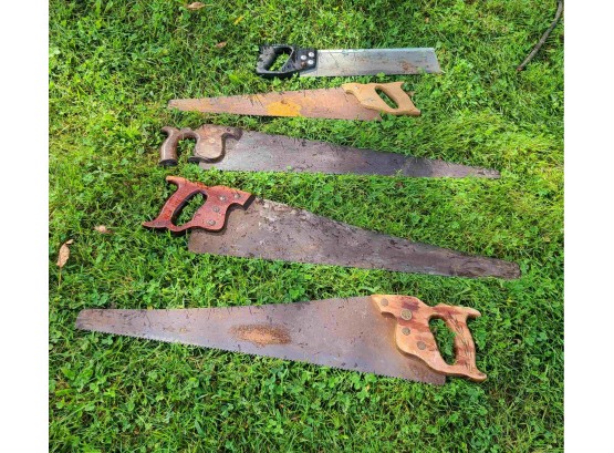 Lot Of 5 Saws, 4 Vintage Wooden Handle, 1 Newer Stanley Saw