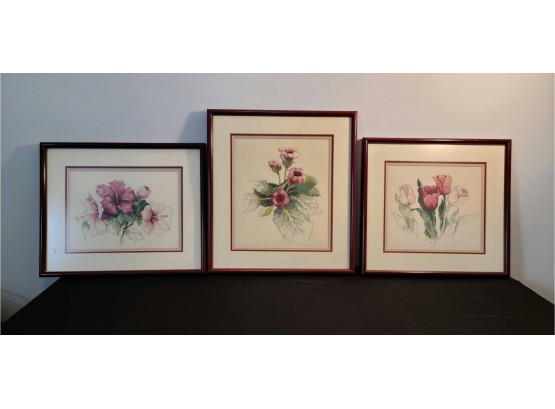 Lot Of 3 Professionally Framed, Hand Embroidered Floral Pics