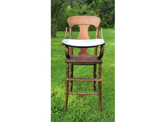 Vintage Oak High Chair With Porcelain Tray