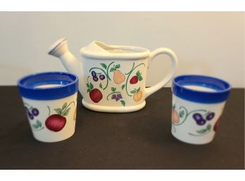 Princess House Orchard Melody Watering Can And 2 Flower Pots, All In Good Shape