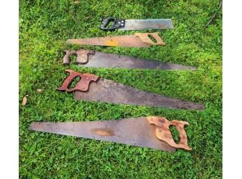 Lot Of 5 Saws, 4 Vintage Wooden Handle, 1 Newer Stanley Saw