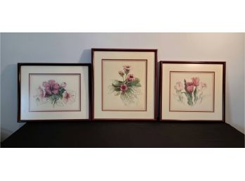 Lot Of 3 Professionally Framed, Hand Embroidered Floral Pics