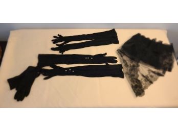 Vintage Black Gloves X 3, Lace Scarf, All In Excellent Condition