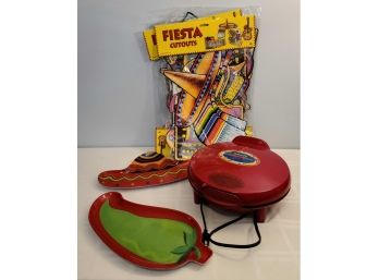 Host Your Own Mexican Party, Quesadilla Maker, Wall Cut Outs, 2 Plastic Platters