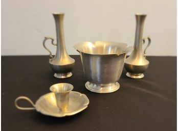 Pewter Lot, 3 Candle Stick Holders And A Mug