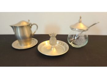 Pewter Pineapple Sugar Bowl, Trinket Stand And A Creamer, All In Great Shape