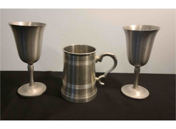 2 Pewter Goblets And A Heavy Pewter/ Glass Mug