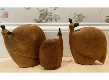 Hand Carved In Africa Set Of 3 Guinea Fowl Signed By The Artist