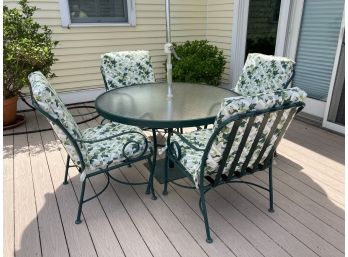 Metal With Glass Top Table, Chairs, Cushions, Umbrella And Stand All You Need For Your Patio