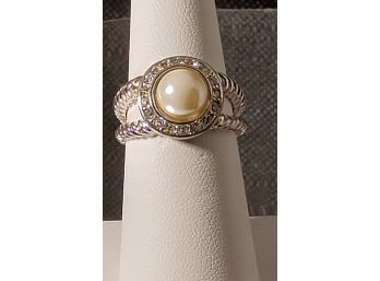 Silvertone Faux Pearl And Clear Stone Fashion Ring