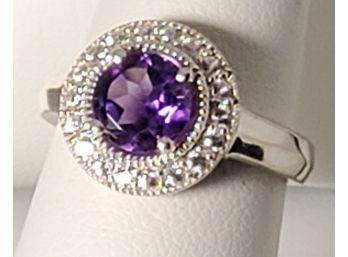 Stunning Amethyst & White Topaz Sterling Silver With White Gold Overlay Cocktail Ring