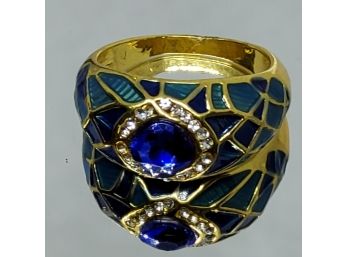 Beautiful Unique Gold Tone Fashion Enamel Blue And Clear Stone Ring
