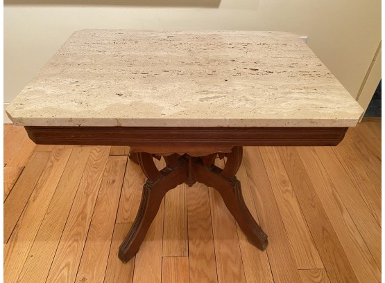 Vintage Marble Table With Wood Pedestal Base