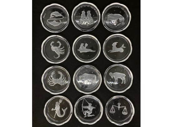 Set 12 Vintage Frosted Glass Zodiac Horoscope Coasters