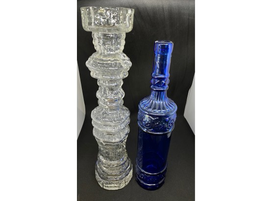 Glass Candlestick & Cobalt Glass Bottle