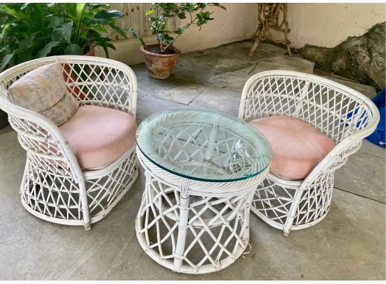 Wicker Bistro Set With Glass Covered Table & Two Chairs
