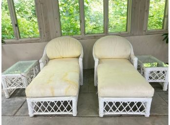 Wicker Lounge Set With Two Glass Covered Tables & Two Chaises