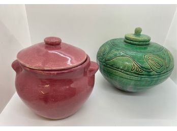 Two Handmade Ceramic Covered Canisters