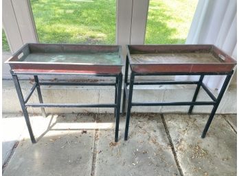 Two Metal Plant Stands With Copper Trays