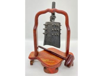 Vintage Miniature Chinese Iron Gong On Wood Stand