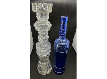 Glass Candlestick & Cobalt Glass Bottle