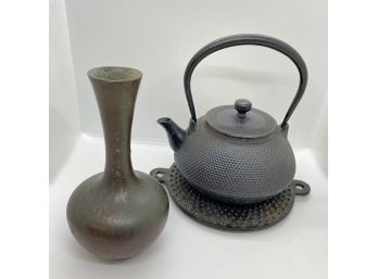 Iron Tea Kettle With Trivet & Hampton Metal Vase