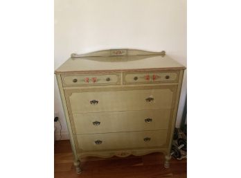 Vintage Green And Pink Floral Hand Painted Tall 5 Drawer Dresser