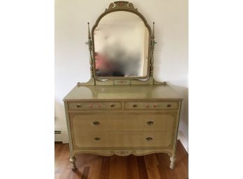 Vintage Green And Pink Floral Hand Painted 4 Drawer Dresser With Mirror