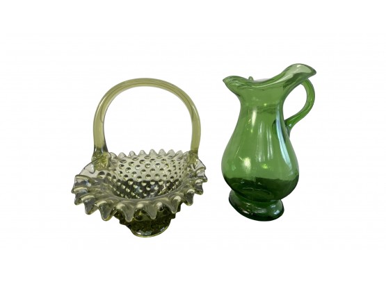 Green Hobnail Basket And Green Pitcher