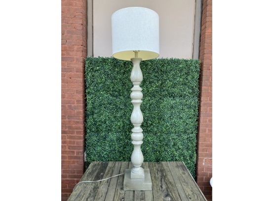 Wooden Floor Lamp With Drum Shade And Light Sage Green Distressed Painted Finish