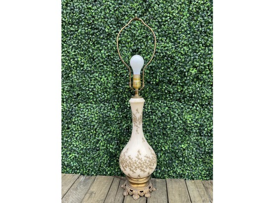 Vintage White Frosted Glass Lamp With Gold Raised Accents