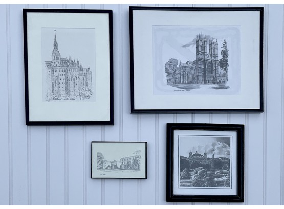 Four Framed Pen & Ink Drawings Of Abbeys And Churches