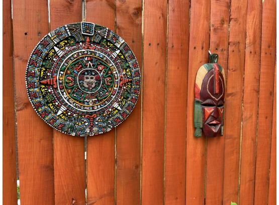 Vintage Aztec Sun Stone Mayan Wall Hanging And Colorful Wood Mask Made In Kenya