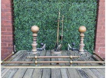 Antique Fireplace Fender, Andirons And Tools