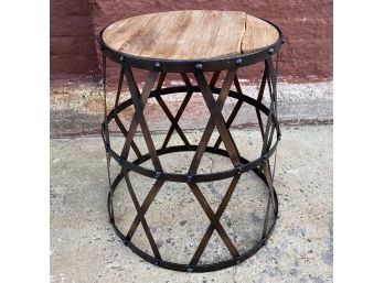 Drum Style Side Table With Metal Base And Wooden Top
