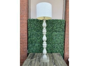 Wooden Floor Lamp With Drum Shade And Light Sage Green Distressed Painted Finish