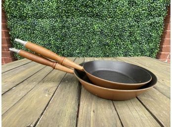 Two Le Creuset Frying Pans With Wood Handle
