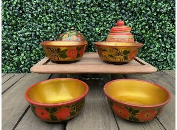 Four Painted Russian Bowls & Two Jars