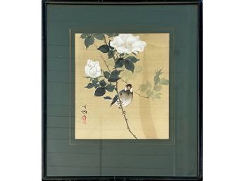 Asian Painting On Silk Of Bird Ans Flowers