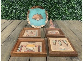 Navajo Medicine Plate, Four Navajo Framed Pictures Made In New Mexico And A Howling Coyote Statue