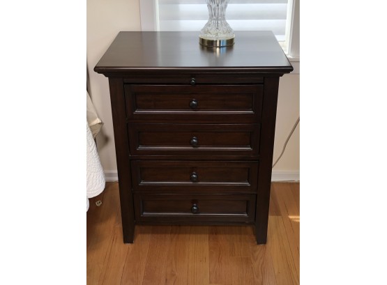 Handsome Four Drawer Bedside Chest / End Table In Dark Espresso Finish With Writing Tablet & Metal Pulls