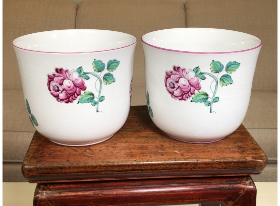 Lovely Pair Of TIFFANY & Co Porcelain Cachepots - STRASBOURG FLOWERS - Hand Made In Portugal - BEAUTIFUL !