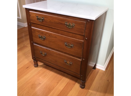 Lovely Antique Three Drawer Commode / Chest With White Marble Top & Brass Hardware - Very Nice Size