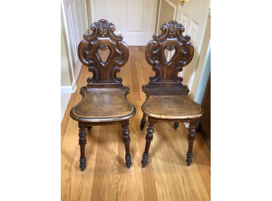 Fantastic Pair Of Antique Italian Hall Chairs - Carved Fruit Wood - Nice Original Patina SUPER NICE CHAIRS