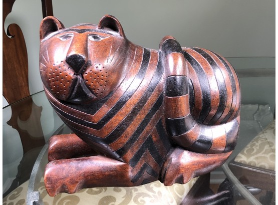Very Interesting Large Vintage Hand Carved Wood Cat With Sliding Secret Compartment Underneath - VERY COOL !